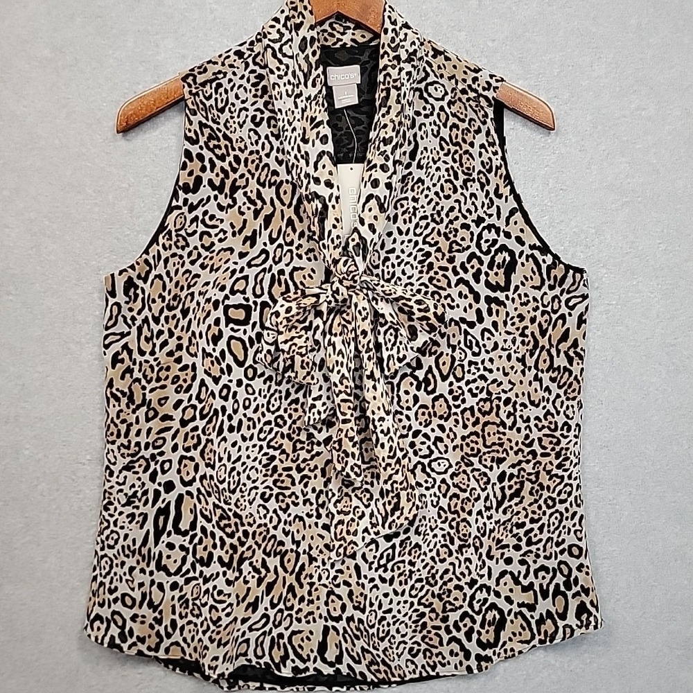Chico's LEOPARD ANIMAL PRINT Tie Neck Sleeveless Top Size 1 U.S. 8/10 NWT Blouse
